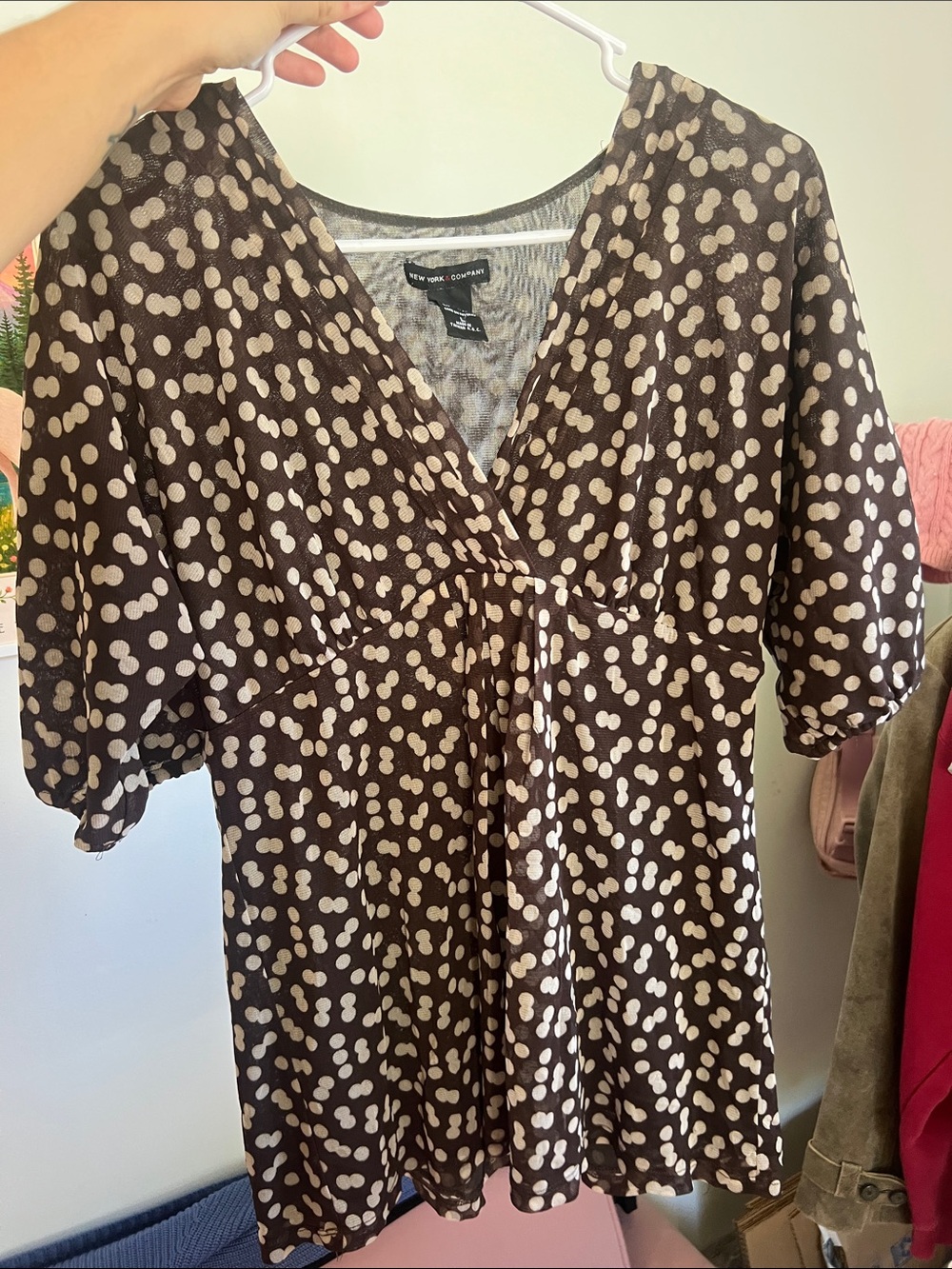 New York & Company Y2K Brown & Cream Polka Dot Empire Waist Top - L
